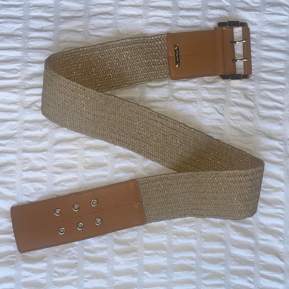 Michael Kors Beige Elastic Belt with Tan Leather Panels and Gold Buckle firm $$$ Michael Kors Womens Beige Leather Gold Grommet Square Buckle  main image 2
